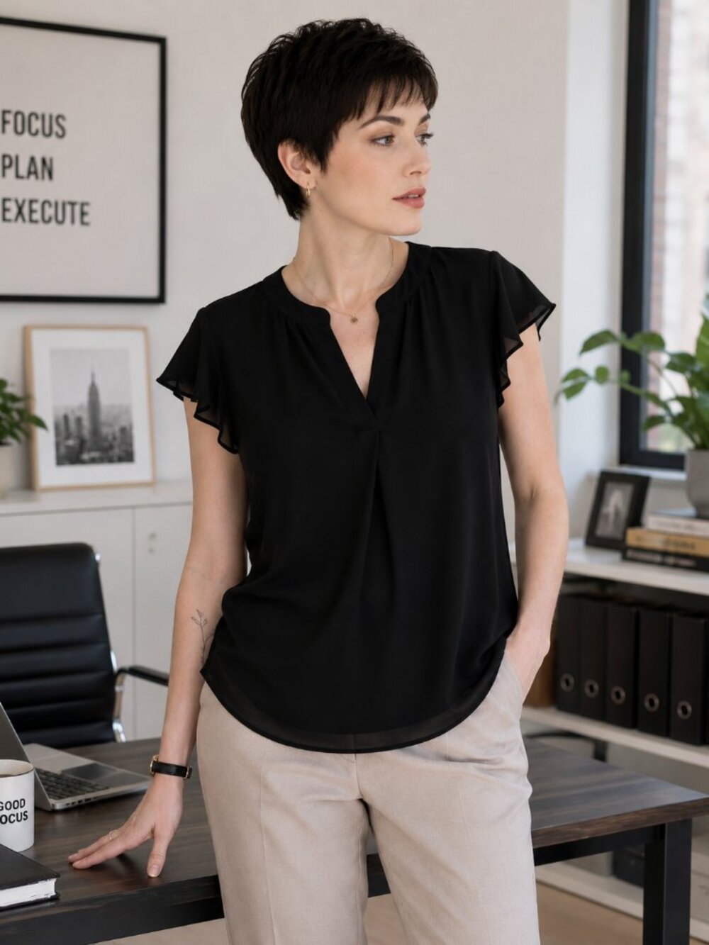 Calvin Klein Black Flutter Sleeve Blouse Size M*